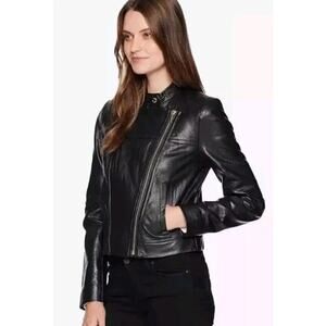 MICHAEL KORS ~Woman Size S~ Black Genuine Leather Moto Biker Jacket Zip-Up.
